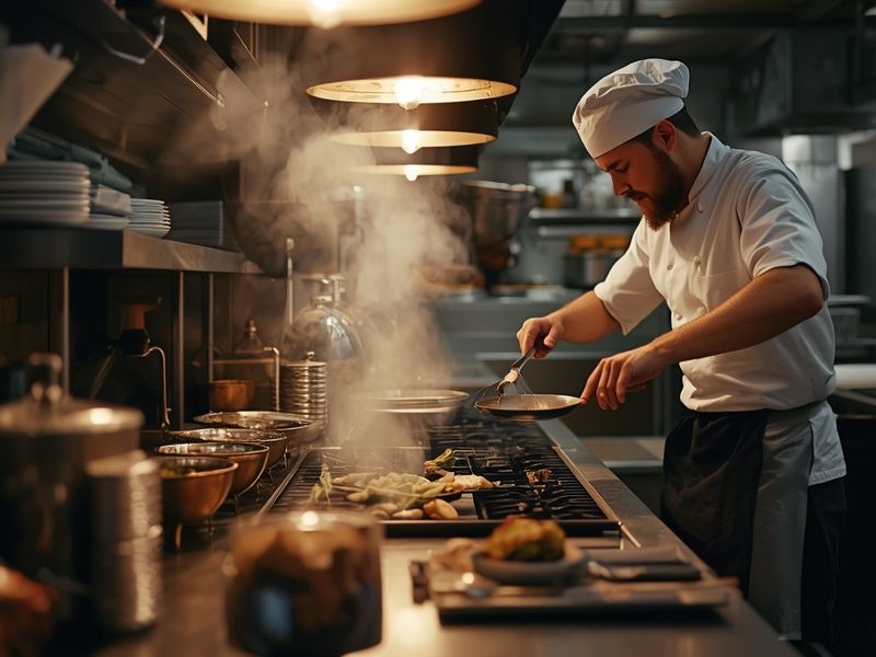 Restaurant kitchen in operation illustrating hospitality industry business success statistics and survival rates