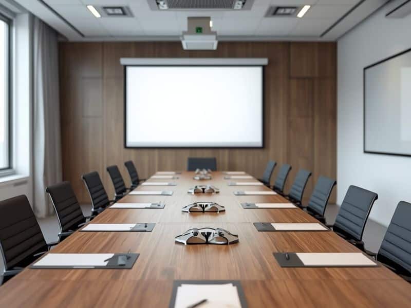 Empty boardroom with presentation screen reflecting the organisational change needed for digital transformation