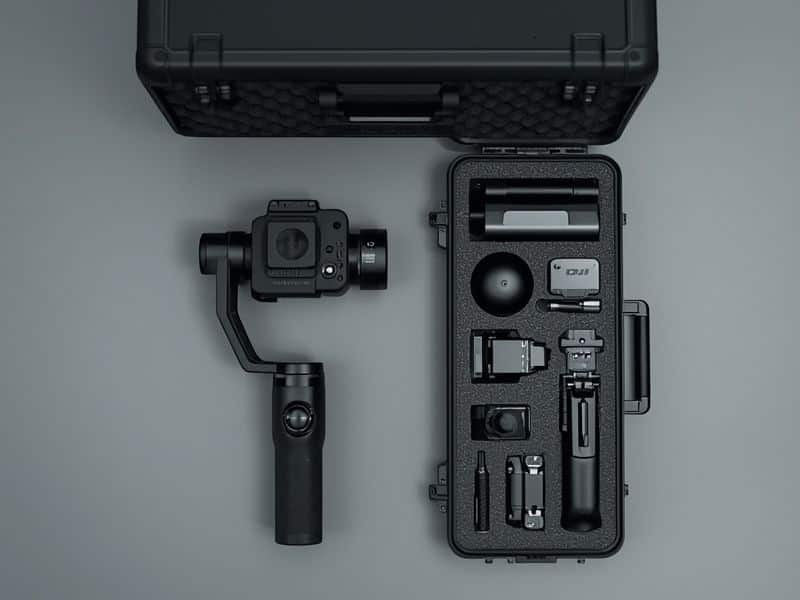 DJI Ronin S and accessories laid out in carry case on grey surface