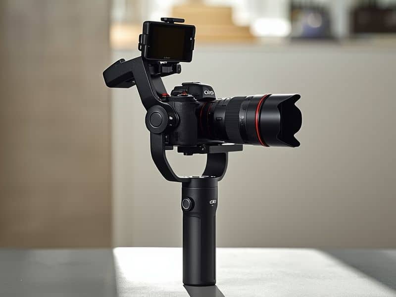 DJI Ronin S with Canon EOS R5 and zoom lens mounted showing full payload configuration