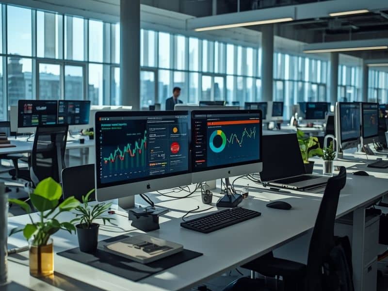 Modern digital agency workspace where Google Tag Manager is used to manage client website tracking setups