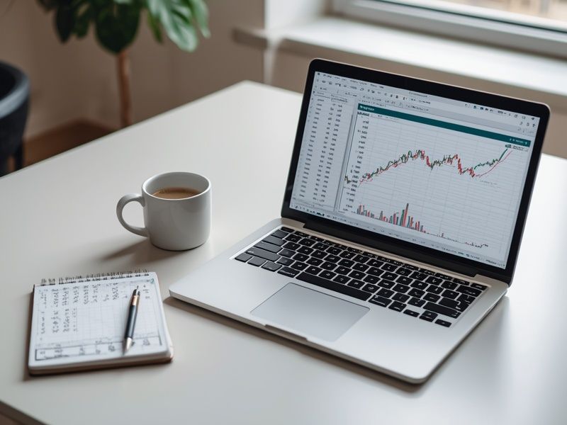A desk with economic data on a laptop screen representing Business Dynamics Statistics research and analysis