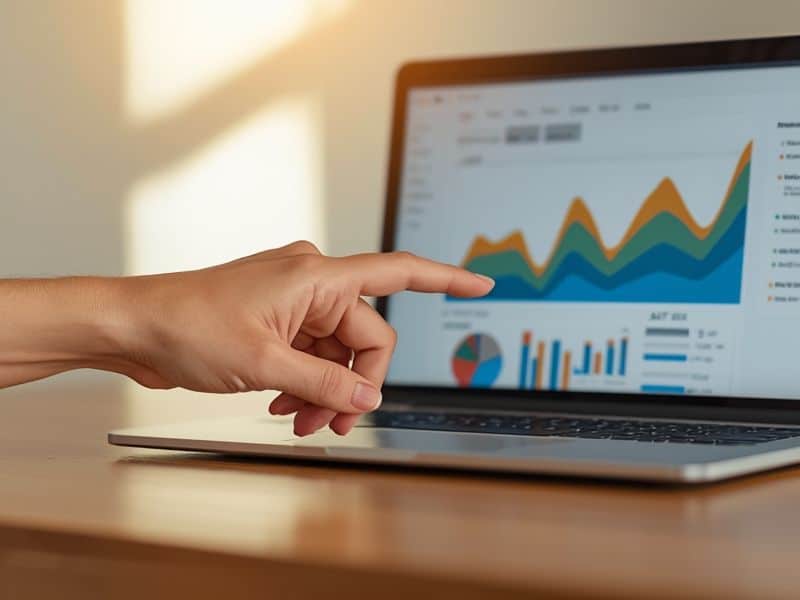 A hand pointing to a digital analytics screen, connecting the advantages of CAD capability to online business visibility