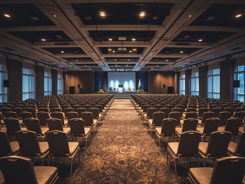 Event management setup in a large conference hall with stage lighting and arranged seating