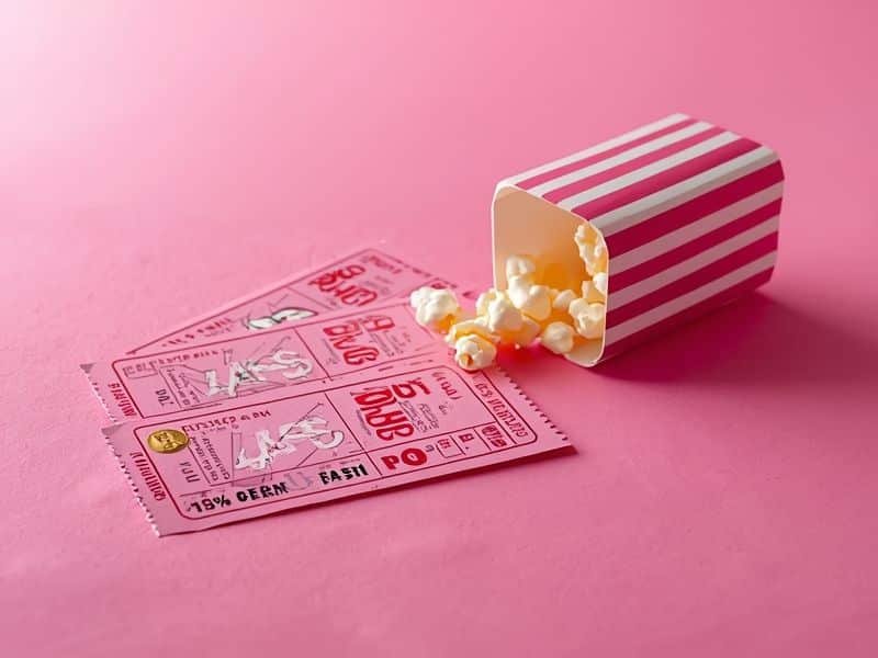 Pink cinema tickets and popcorn representing the cultural impact of the Barbie movie