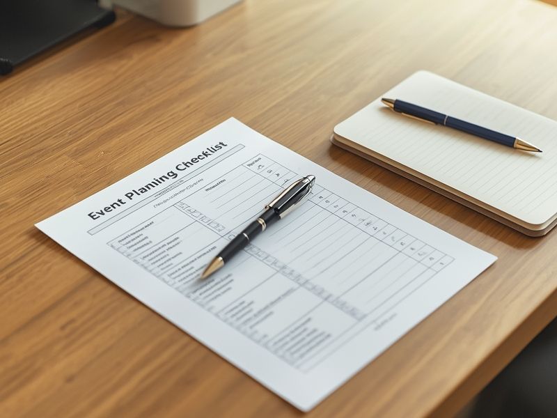 Event management planning checklist on a desk with pen and notebook