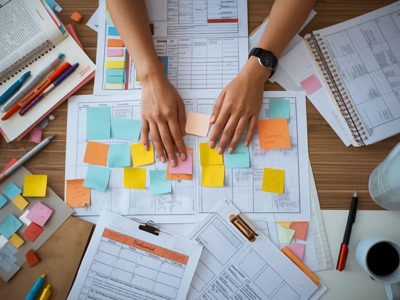 Hands planning a pre-launch content calendar using anticipation tactics from the Barbie movie campaign