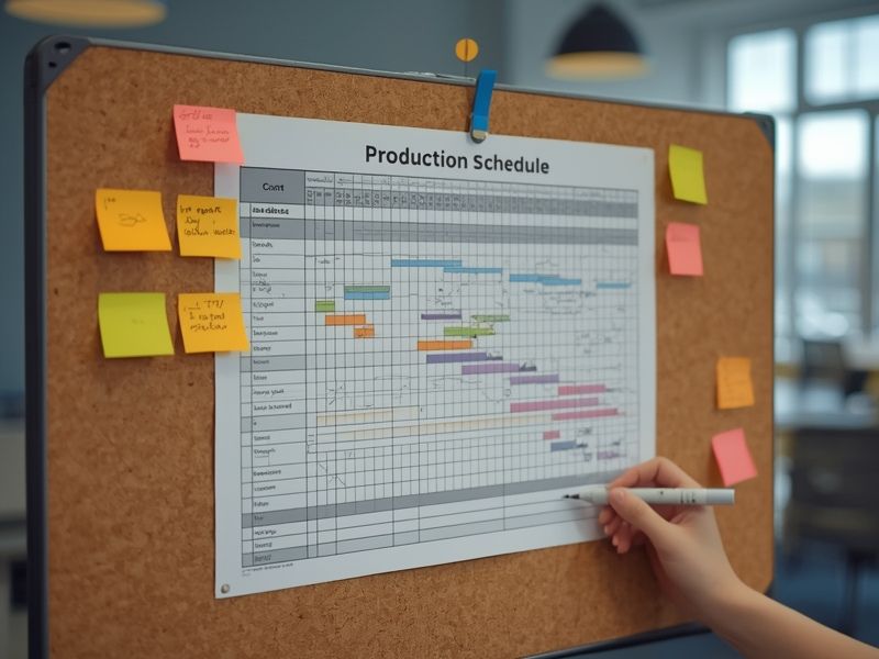 A real photograph of a production schedule or Gantt chart printed on A3 paper, pinned to a corkboard or laid flat on a large table. Sticky notes of different colours visible around it. A hand holds a marker near the page. Office environment with natural light. No faces visible.