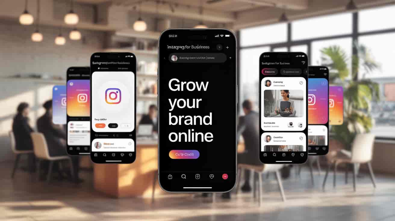 Five smartphones display various Instagram business and branding features in a modern office setting, with people collaborating at a table in the blurred background. The central phone screen reads, “Grow your brand online and reach your target audience.”.