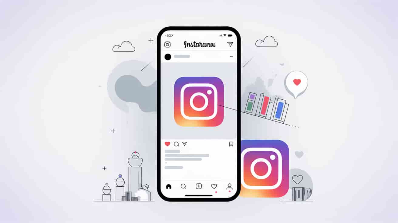 A smartphone displays the Instagram app with the logo on screen. Playful, abstract graphics—clouds, hearts, book icons—fill the background, creating a social media-themed scene that captures the creativity of Reels and Instagram users.