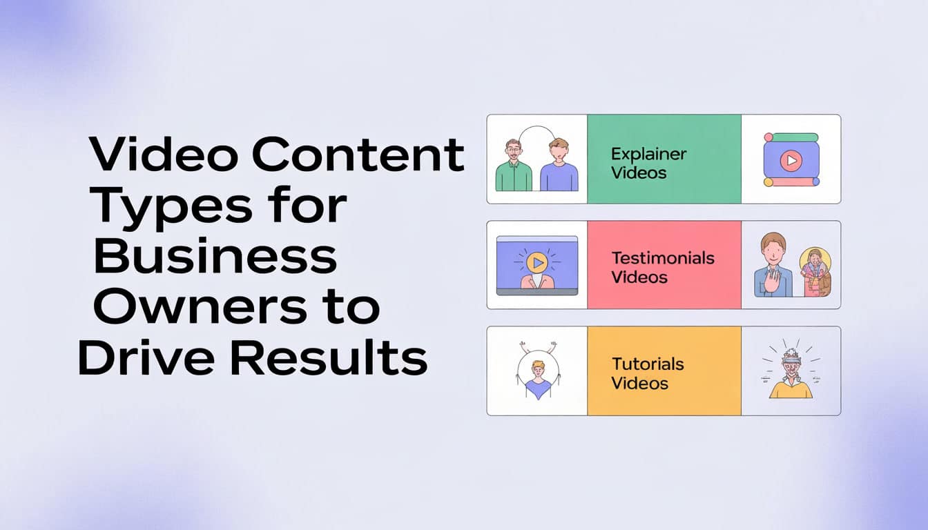 A graphic with the title “Video Content Types for Business Owners to Drive Results,” listing three video content types—Explainer Videos, Testimonials Videos, and Tutorials Videos—each with a corresponding icon, ideal for boosting social media engagement.