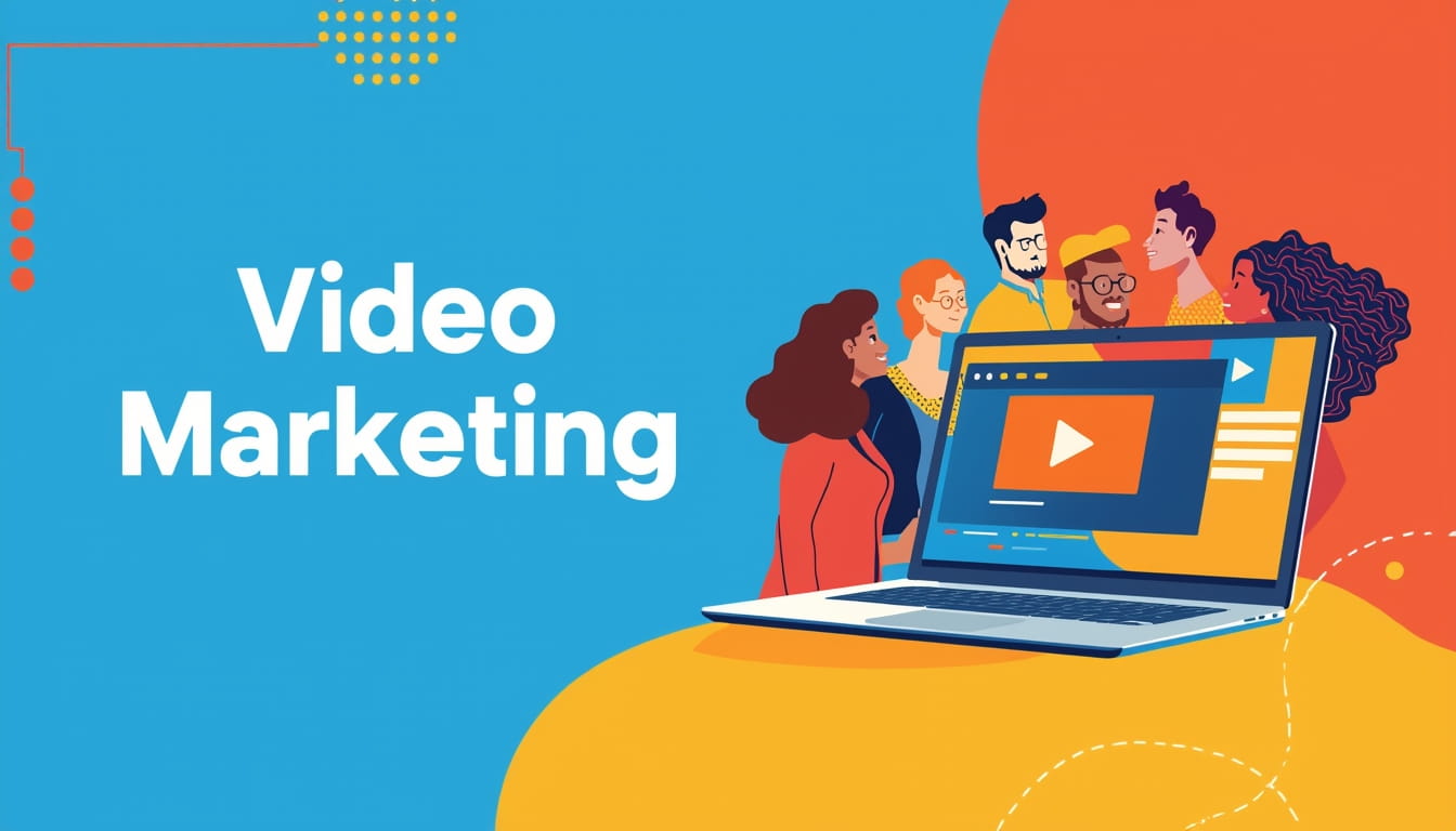 Illustration of a group of diverse people standing behind a large laptop displaying a video player. The words Video Marketing for Business Growth are written in bold white text on a bright blue background, highlighting the power of content.