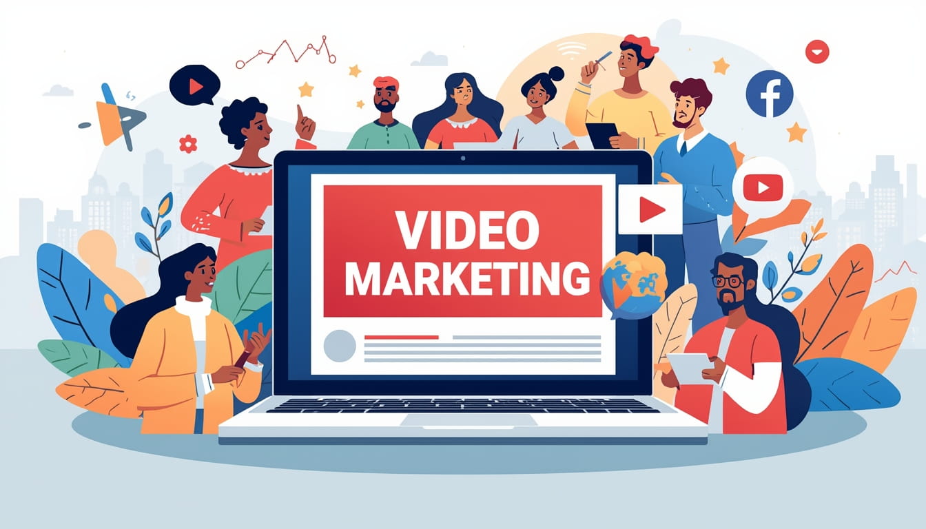 Illustration of a laptop displaying “Video Marketing” on the screen, surrounded by diverse people and social media icons, highlighting content creation and video marketing for business growth and digital engagement.