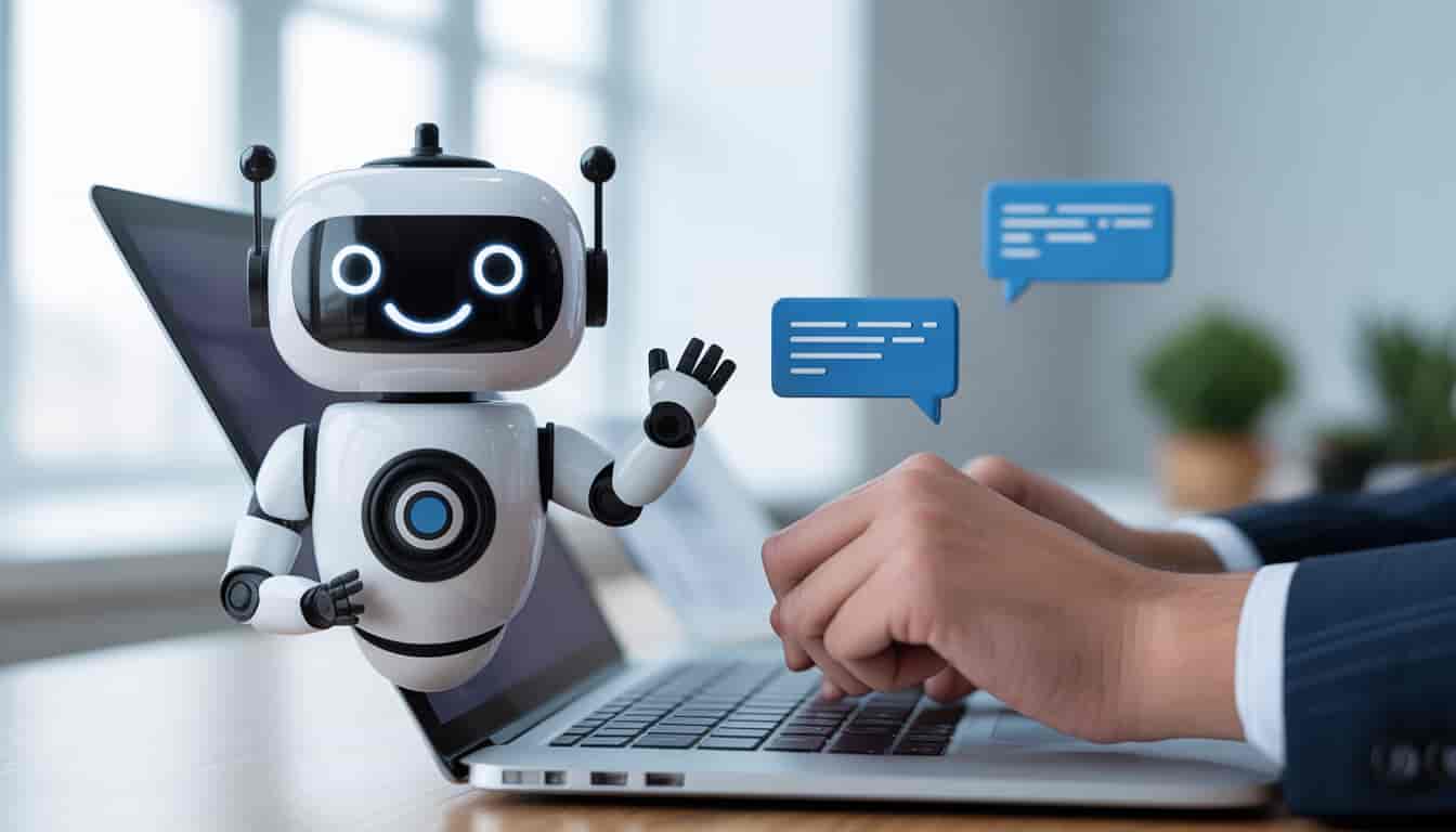 A person types on a laptop keyboard while a friendly cartoon robot with a smiling face appears next to the screen, with chat bubbles illustrating how chatbots can engage in conversation.