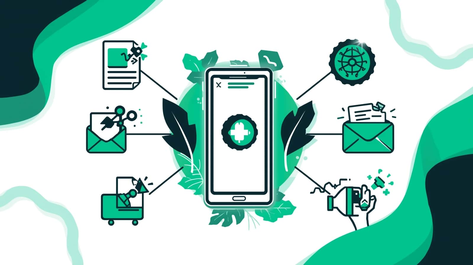 Illustration of a mobile phone with a medical cross on the screen, surrounded by icons for WIX Email Marketing, documents, shopping trolley, megaphone, settings, and leaves in green and white tones, all connected by lines.