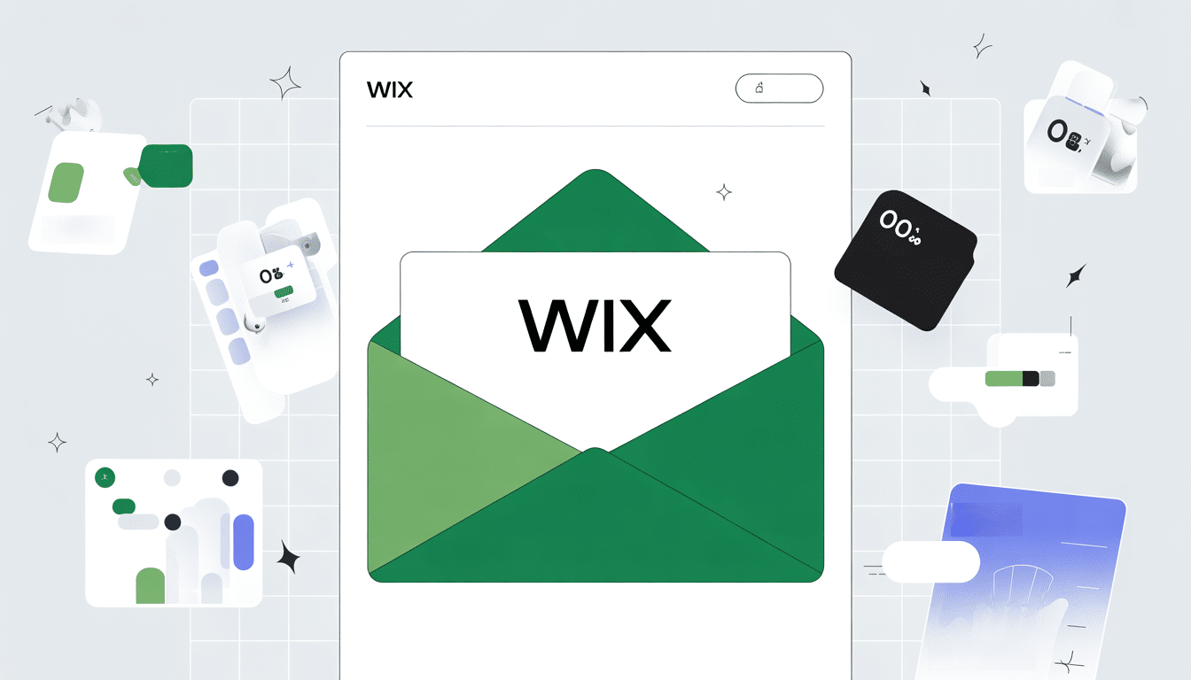 An illustration of a green envelope containing a card labelled WIX, surrounded by floating digital interface elements and icons, representing WIX Email Marketing on a light background.