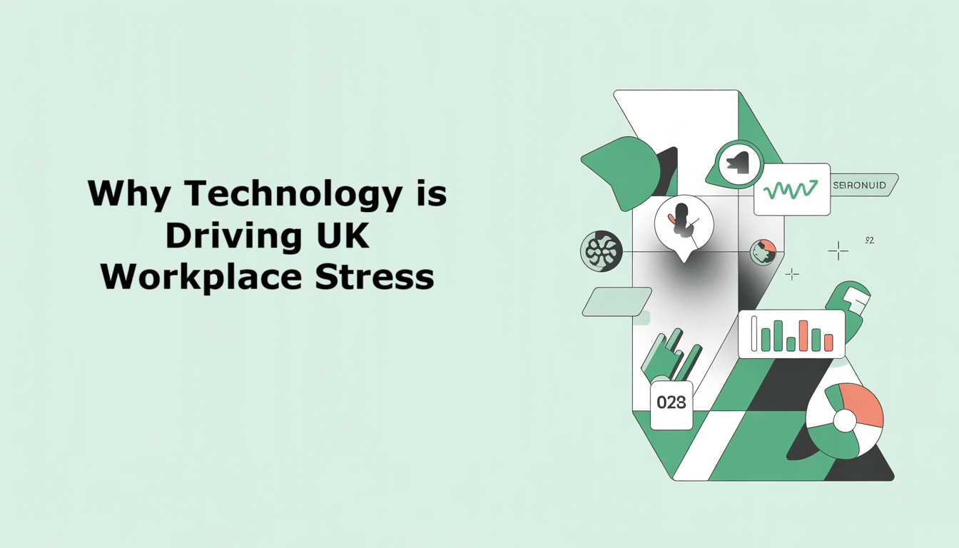 Text Why Technology is Driving UK Workplace Stress next to abstract illustrations of charts, graphs, and digital icons, symbolising technology, stress management, and work-life balance in the workplace.