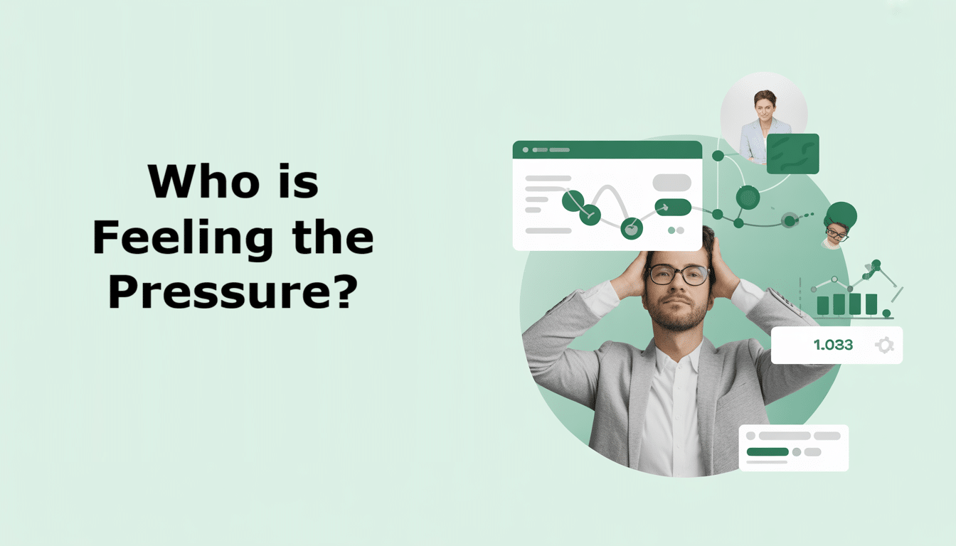 A man in glasses holds his head looking stressed, surrounded by charts and graphs, with the text “Who is Feeling the Pressure?” on a light green background, highlighting the need for stress management.