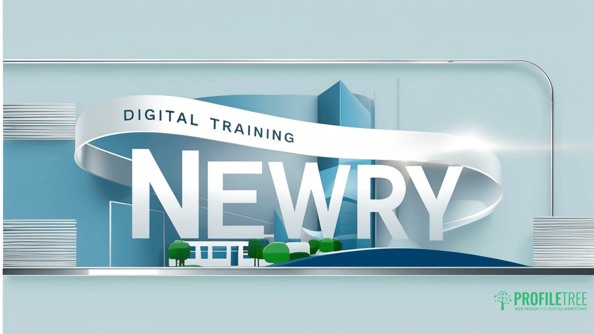 A stylised digital illustration featuring the words DIGITAL TRAINING NEWRY in large text, a ribbon-like design, modern buildings, and the ProfileTree logo in the bottom right corner—perfect for showcasing Digital Training initiatives.