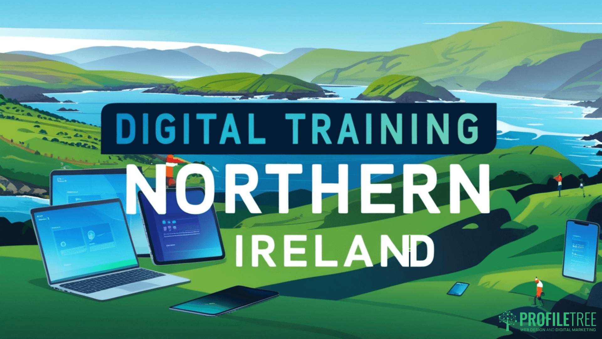 A scenic illustration of Northern Ireland’s green hills and coastline, overlaid with digital devices and the text Digital Training Northern Ireland. ProfileTree’s logo appears in the bottom right, highlighting innovative digital training opportunities.