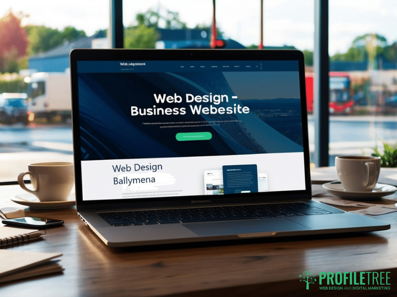 A laptop displaying a Web Design Ballymena company’s homepage sits on a table in a bright café, with coffee cups and a blurred outdoor scene in the background. The ProfileTree logo is visible in the bottom right corner.