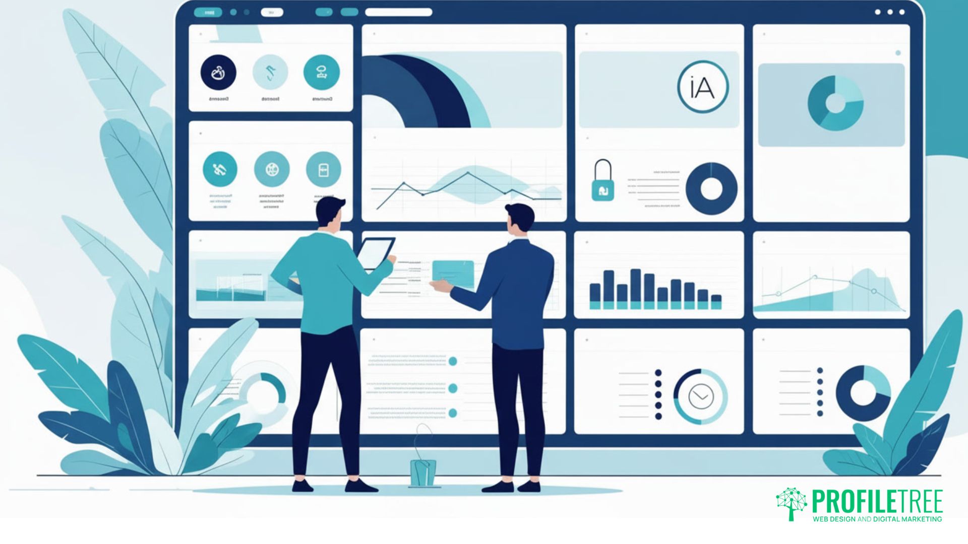 Two people stand in front of a large digital dashboard displaying charts, graphs, and data analytics related to the benefits of social media. The scene is illustrated in blue tones with plant decorations and a ProfileTree logo in the corner.