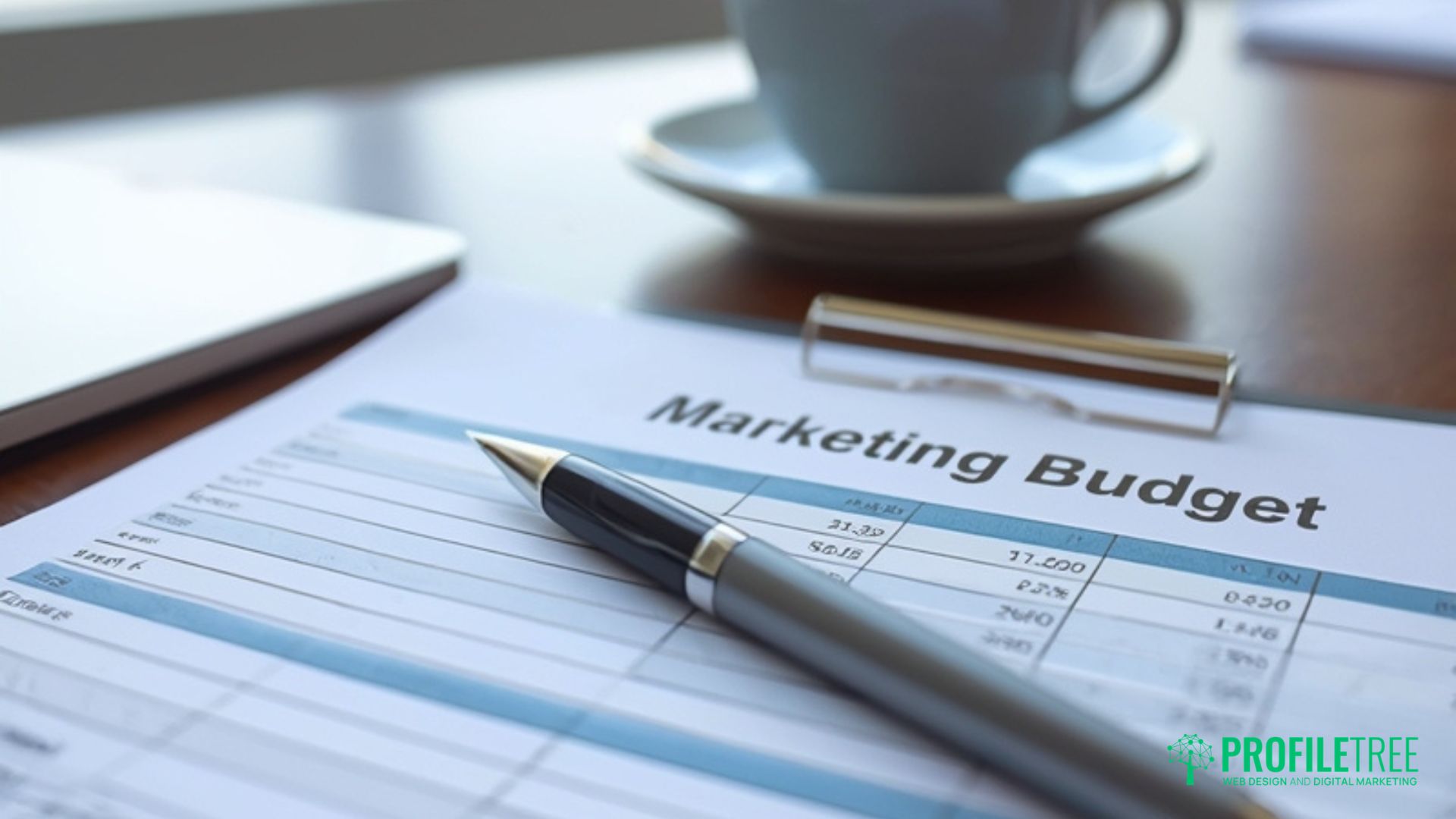 A pen rests on a Marketing Budget sheet on a desk, with a coffee cup and saucer in the background. The document, part of a brand build guide, features financial figures and the ProfileTree logo is visible in the corner.