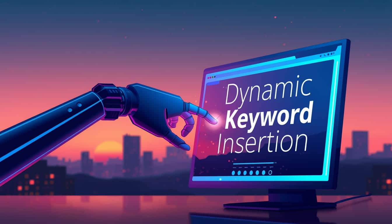 A robotic hand points at a computer monitor displaying "DKI" (Dynamic Keyword Insertion), set against a sunset cityscape in the background.