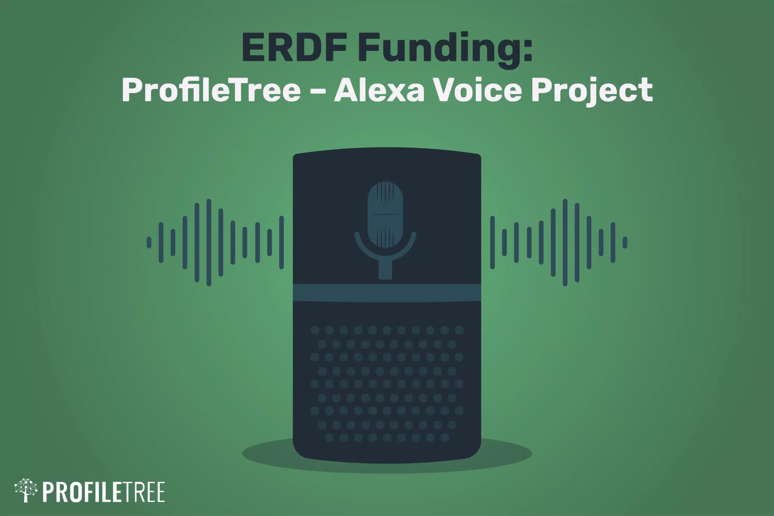 An illustration of a smart speaker with sound waves on a green background. Text above reads: ERDF Funding: ProfileTree – Alexa Voice Project, highlighting Alexa Skills. The ProfileTree logo appears in the bottom left corner.