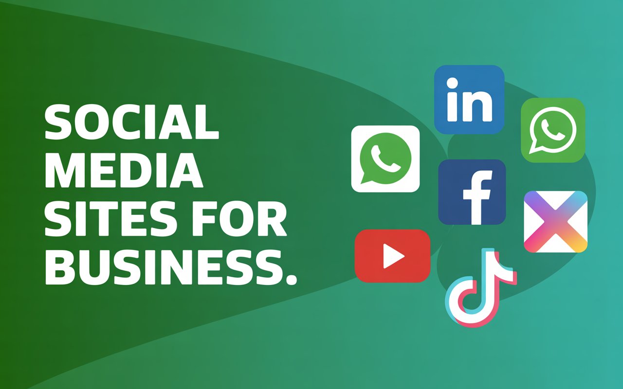 White text reads “Social Media Sites for Business” on a green background, alongside icons for top social media platforms for business like LinkedIn, WhatsApp, Facebook, YouTube, TikTok, and an unidentified colourful X-shaped app.