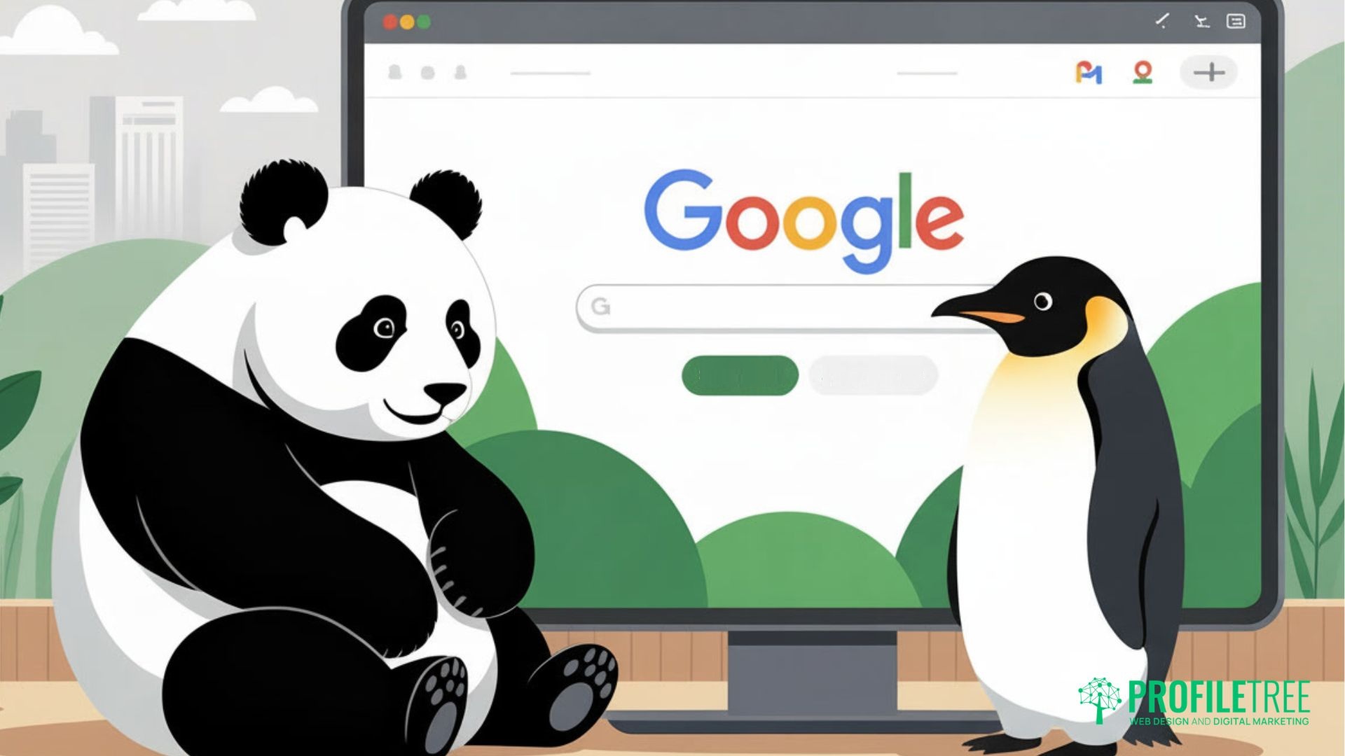 A cartoon panda and penguin sit in front of a computer monitor displaying the Google search homepage, with trees and buildings in the background and the PROFILETREE logo in the corner—a nod to the famous Google Penguin update.