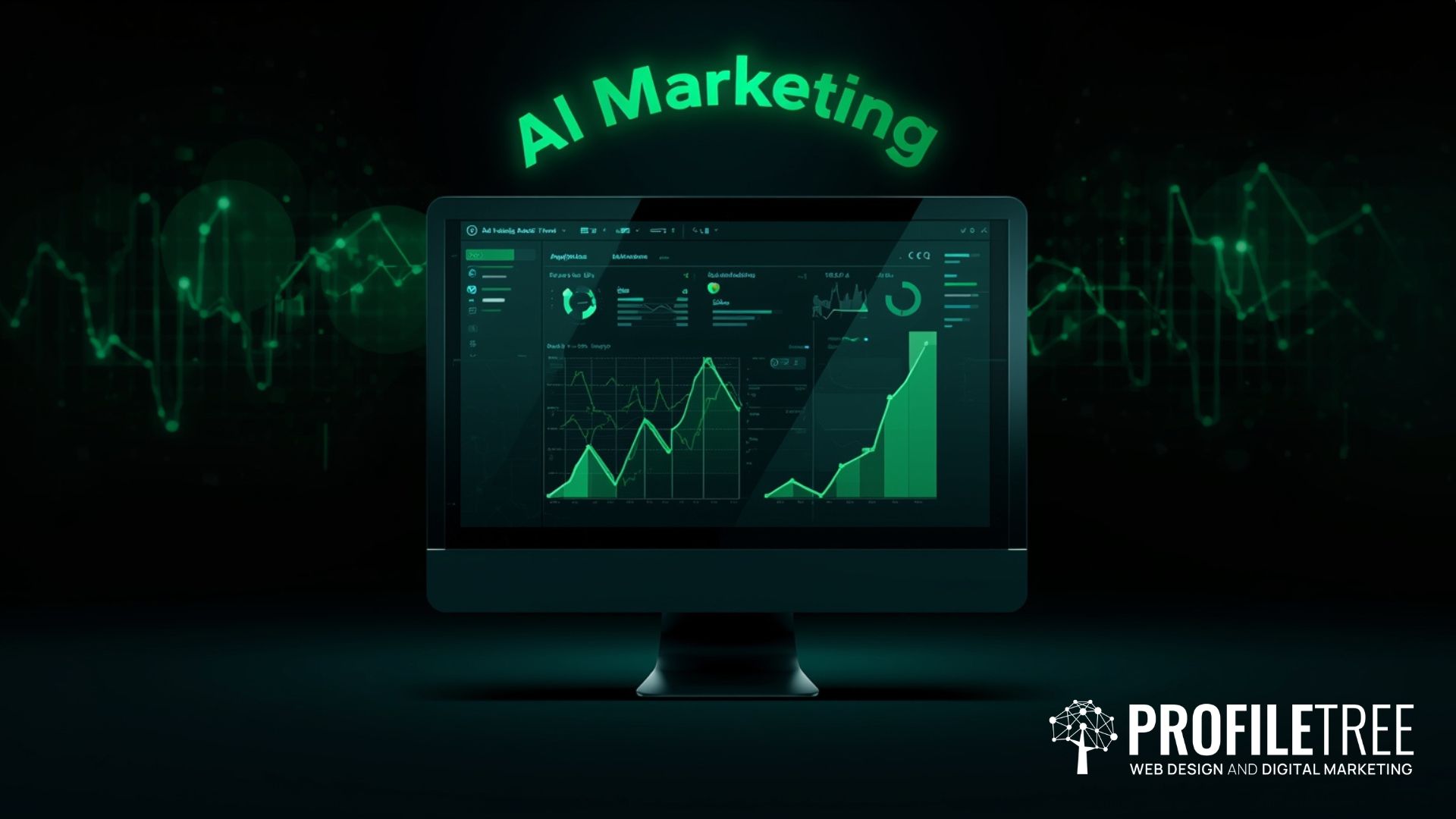 A computer monitor displays data analytics and graphs with the words AI Marketing glowing above it, ideal for anyone aspiring to become a product manager. The dark background features green digital wave patterns and the ProfileTree logo in the lower right corner.