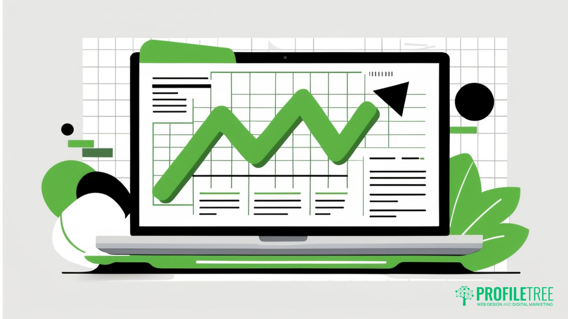 A laptop displays a green upward trending graph on a spreadsheet, symbolising growth. Abstract office elements and subtle GIFs surround the screen. The ProfileTree logo appears in the bottom right corner.
