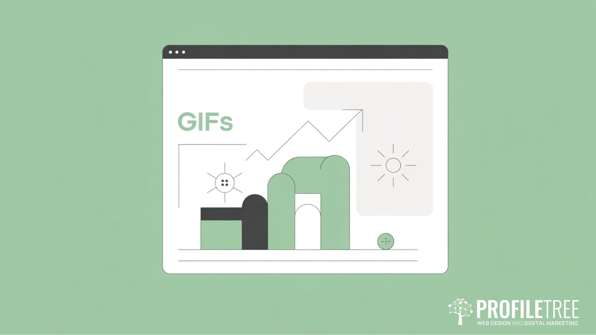 Illustration of a web browser window displaying the word GIFs, featuring abstract green and black shapes, an upward trending line graph, sun icons, and the ProfileTree logo in the bottom right corner.