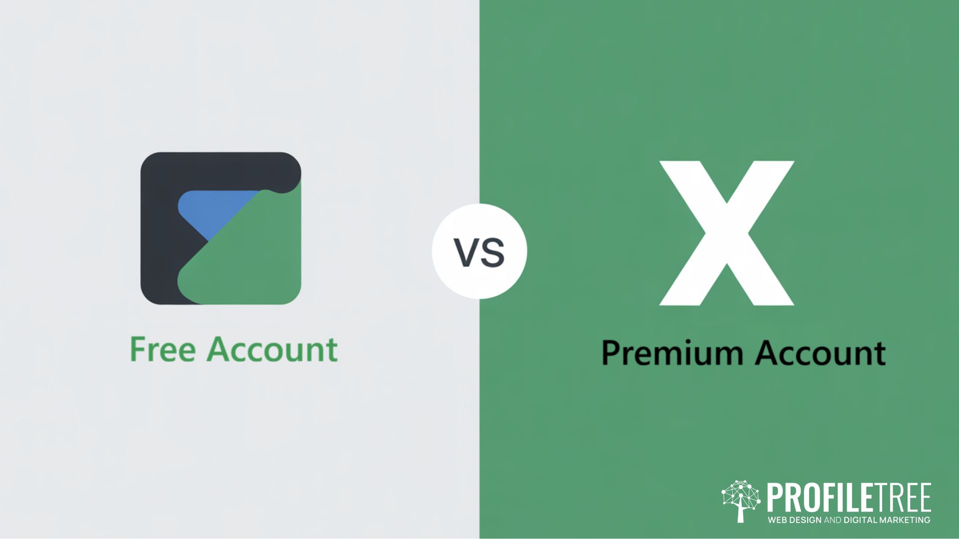 Split screen graphic comparing Free Account (left, with icon and text in green) and Premium Account (right, with large X and text in black), highlighting engagement on X. “VS” in a circle is centred. ProfileTree logo appears bottom right.