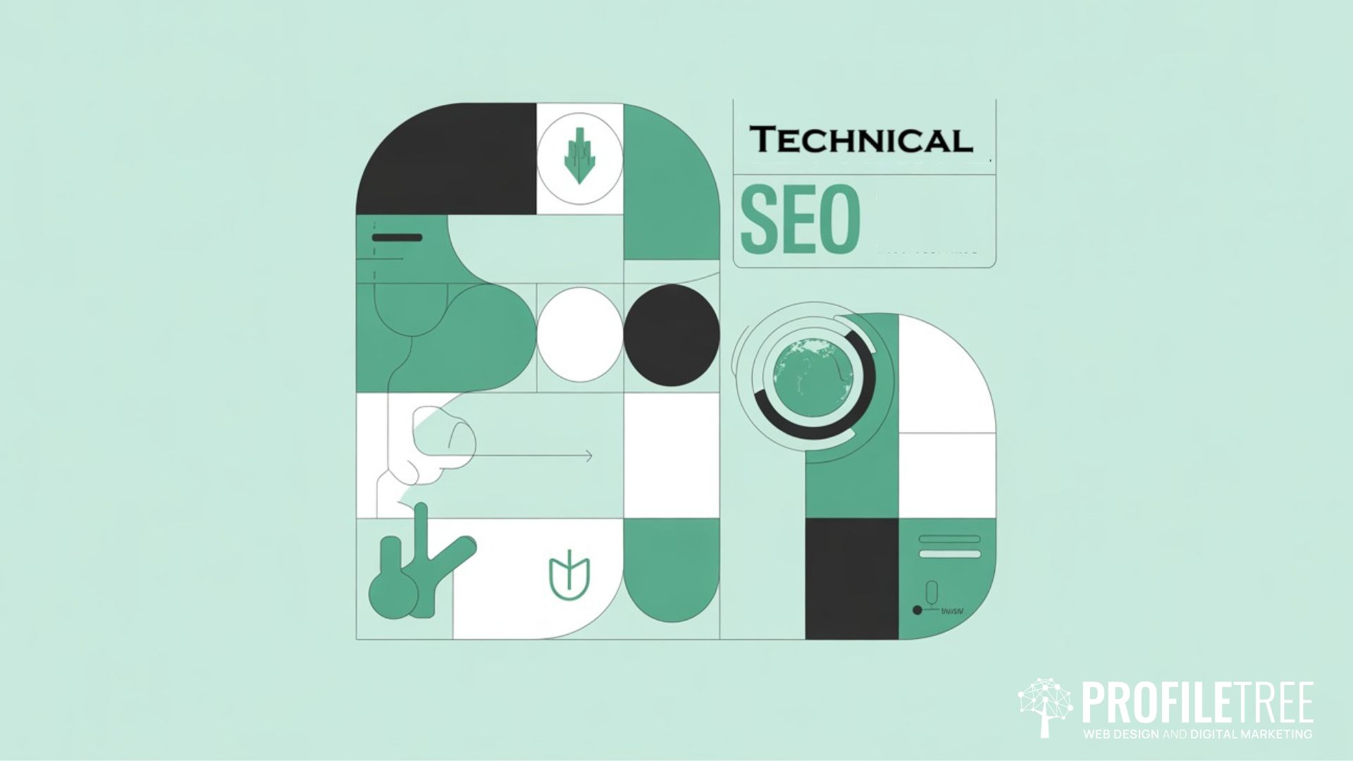 Abstract illustration in green, white, and black tones with geometric shapes forming the letters “S” and “E.” The text “Technical SEO” and “Optimise Your Site for Voice Search” appear at the top, with ProfileTree’s tree logo in the corner.
