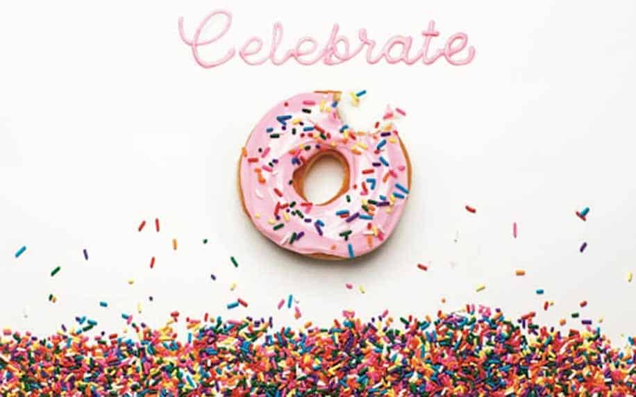 Influencer Marketing: A donut with pink icing and rainbow sprinkles, with a bite taken out, sits above a pile of colorful sprinkles—perfect for influencer marketing. The word Celebrate is written in pink script at the top against a white background.