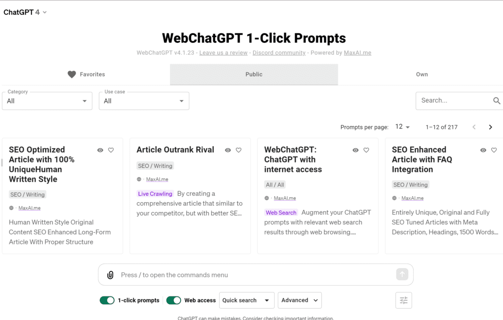 WebChatGPT 1-Click Prompts