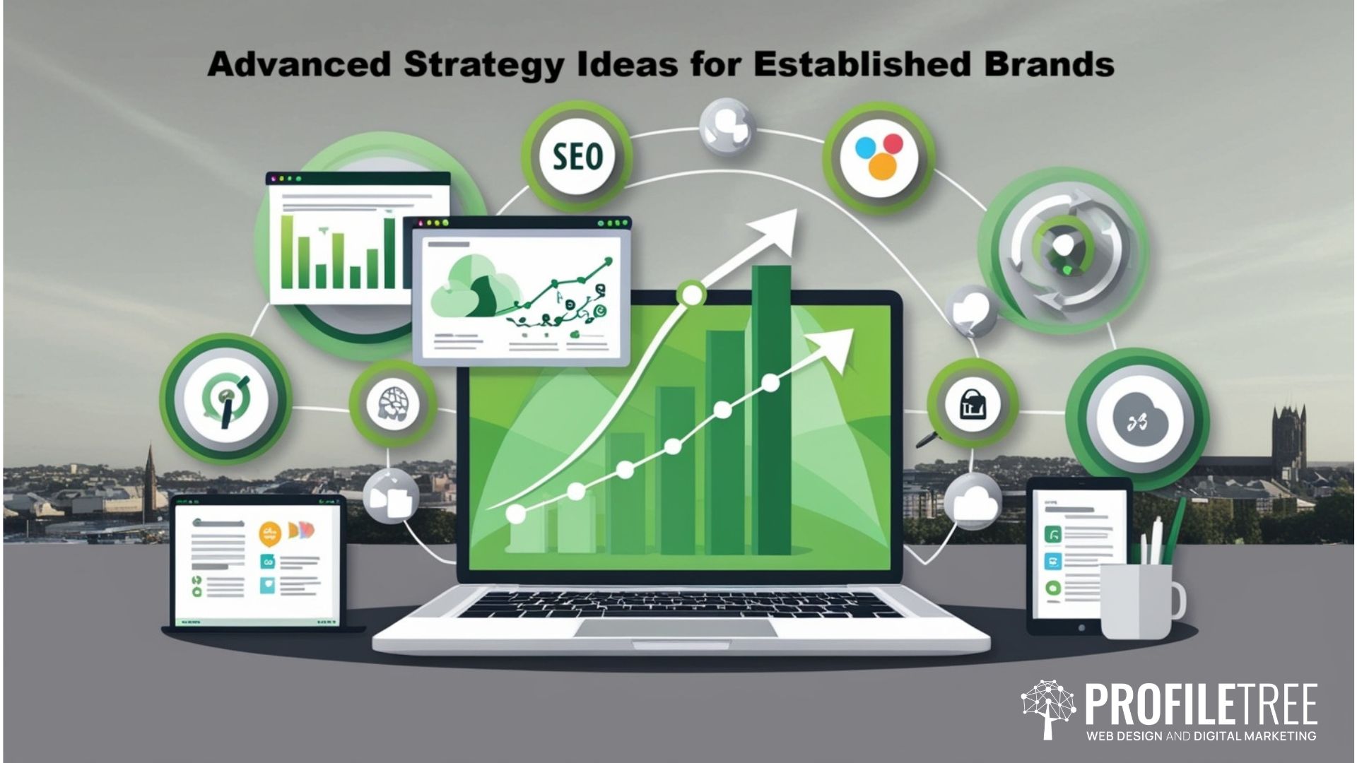 A laptop and digital devices display charts, graphs, and SEO icons with upward arrows, symbolising growth. The background features a cityscape. Text reads “Advanced Digital Marketing Strategy Ideas for Established Brands.” ProfileTree logo is in the corner.