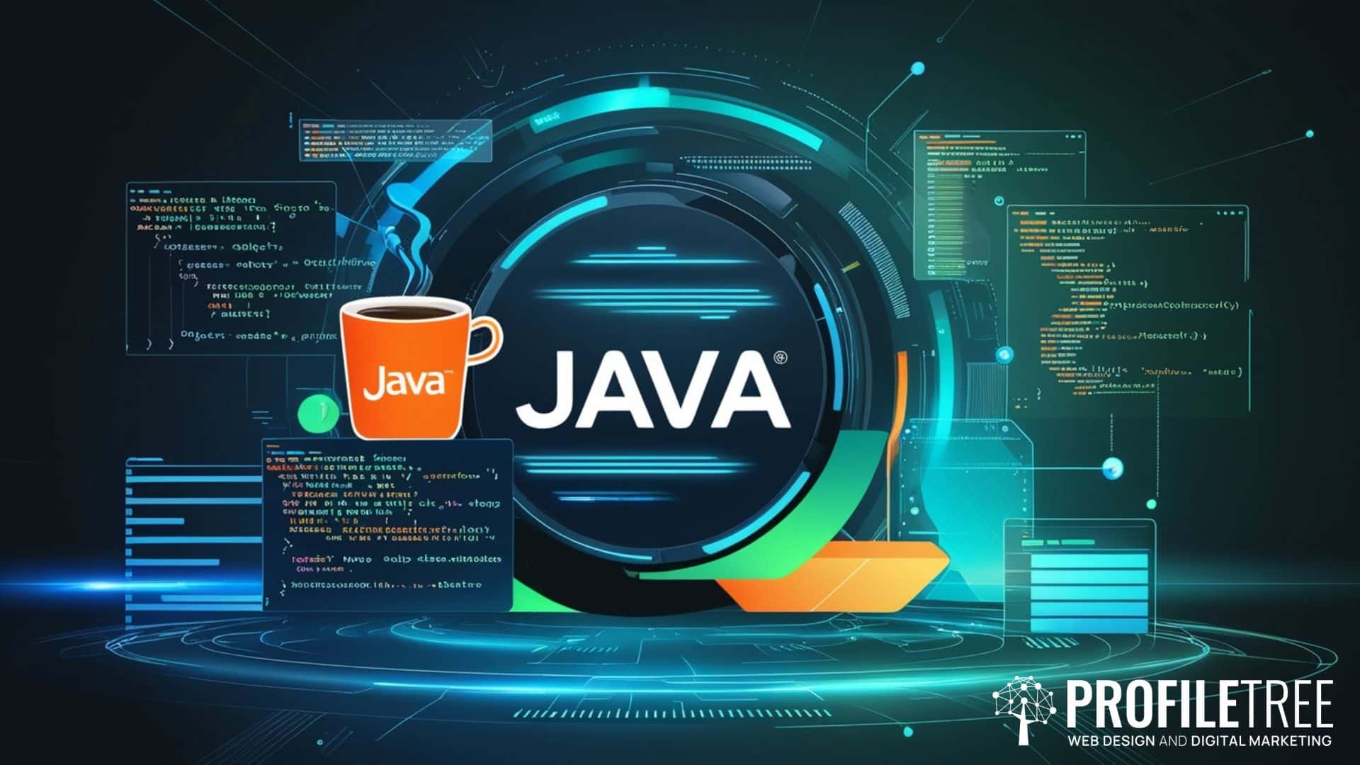 The image features a large JAVA logo with a coffee cup icon, various digital code snippets on screens symbolising Java programming exercises, and the ProfileTree logo with the text Web Design and Digital Marketing in the bottom right corner.