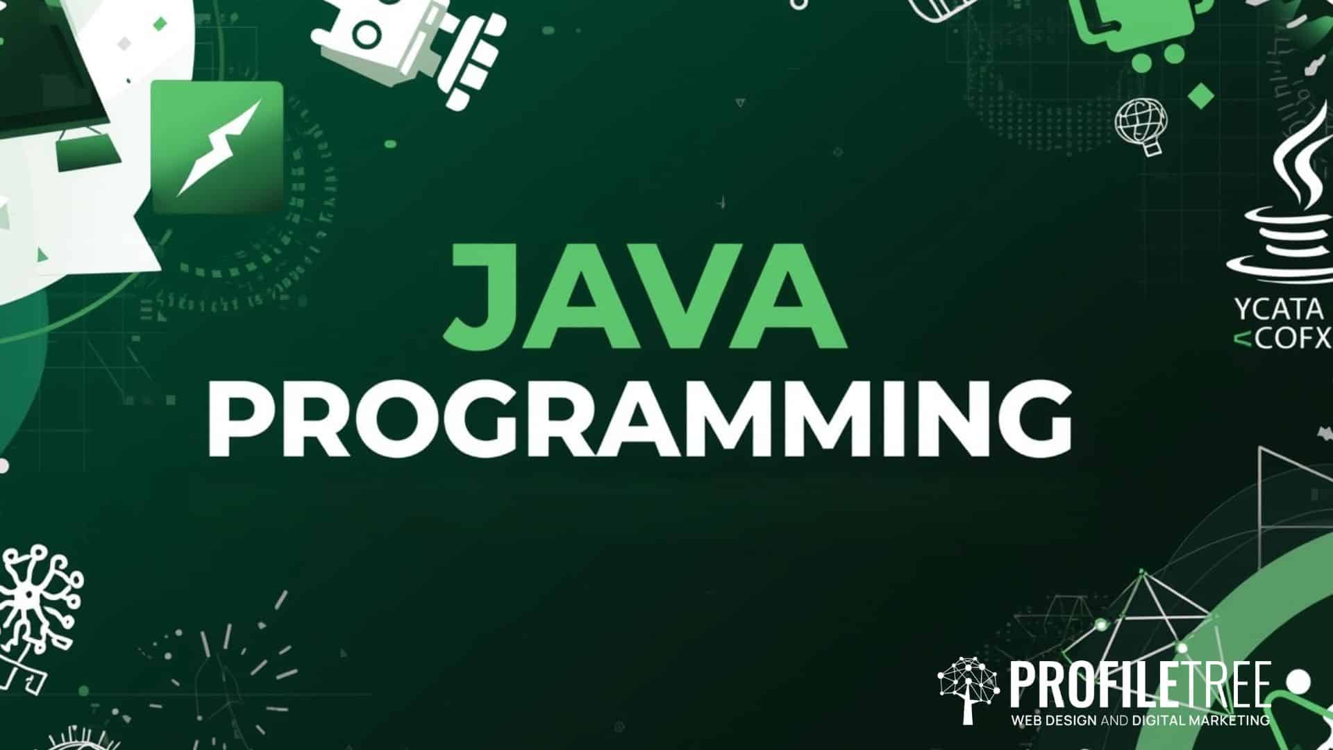 Green and white graphic with the words Java Programming Exercises in bold letters on a dark background, featuring Java tech-themed icons and the ProfileTree logo in the corner.