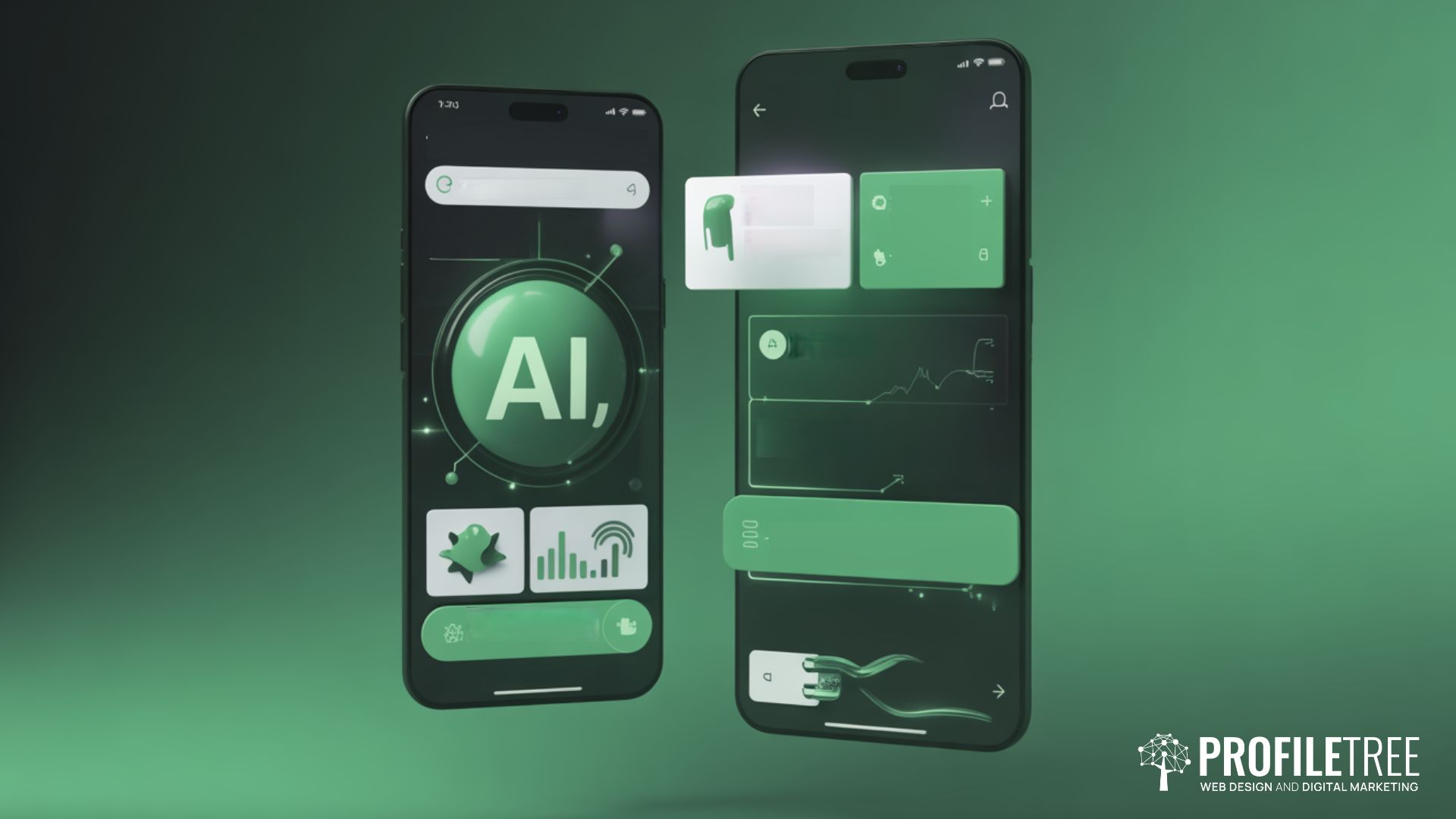 Two smartphones with glowing green AI-themed interfaces are displayed against a green background, highlighting mobile marketing tools. The screens show AI icons, graphs, and widgets. PROFILETREE Web Design and Digital Marketing logo appears in the lower right corner.