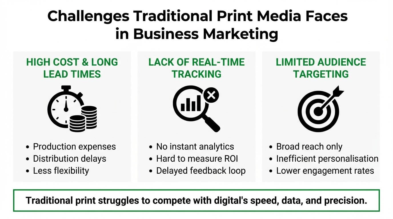 Infographic showing three challenges of traditional Print Media in business marketing—high cost and slow lead times, lack of real-time tracking, and limited audience targeting—compared with the advantages of digital media.