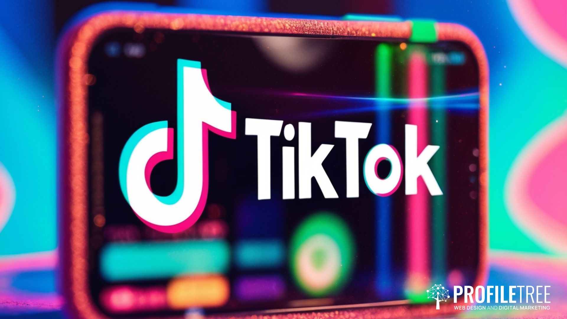 A smartphone screen displays the bold white TikTok for business logo, set against colourful neon lights, with the ProfileTree web design and digital marketing logo in the corner.