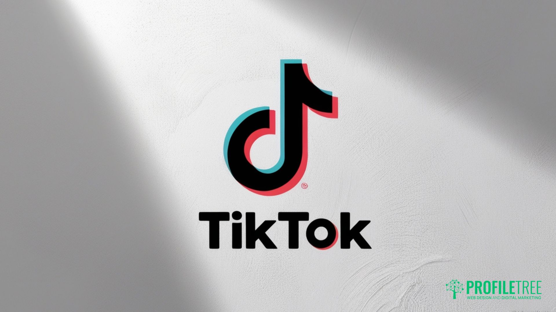 The TikTok logo with black text and a multicoloured musical note symbol is centred on a light textured background, highlighting TikTok for business. The ProfileTree logo appears in the bottom right corner.