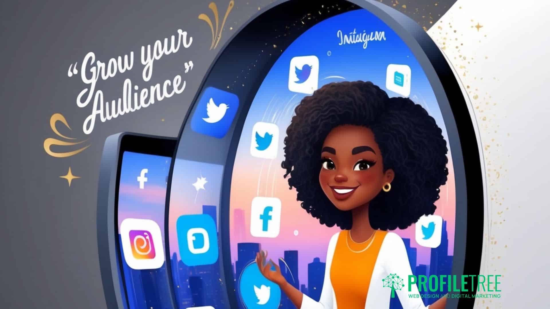 A smiling woman stands beside floating social media platforms’ icons and a curved screen displaying Instagram. The text reads “Grow your Audience.” The ProfileTree digital marketing logo is in the bottom right corner.