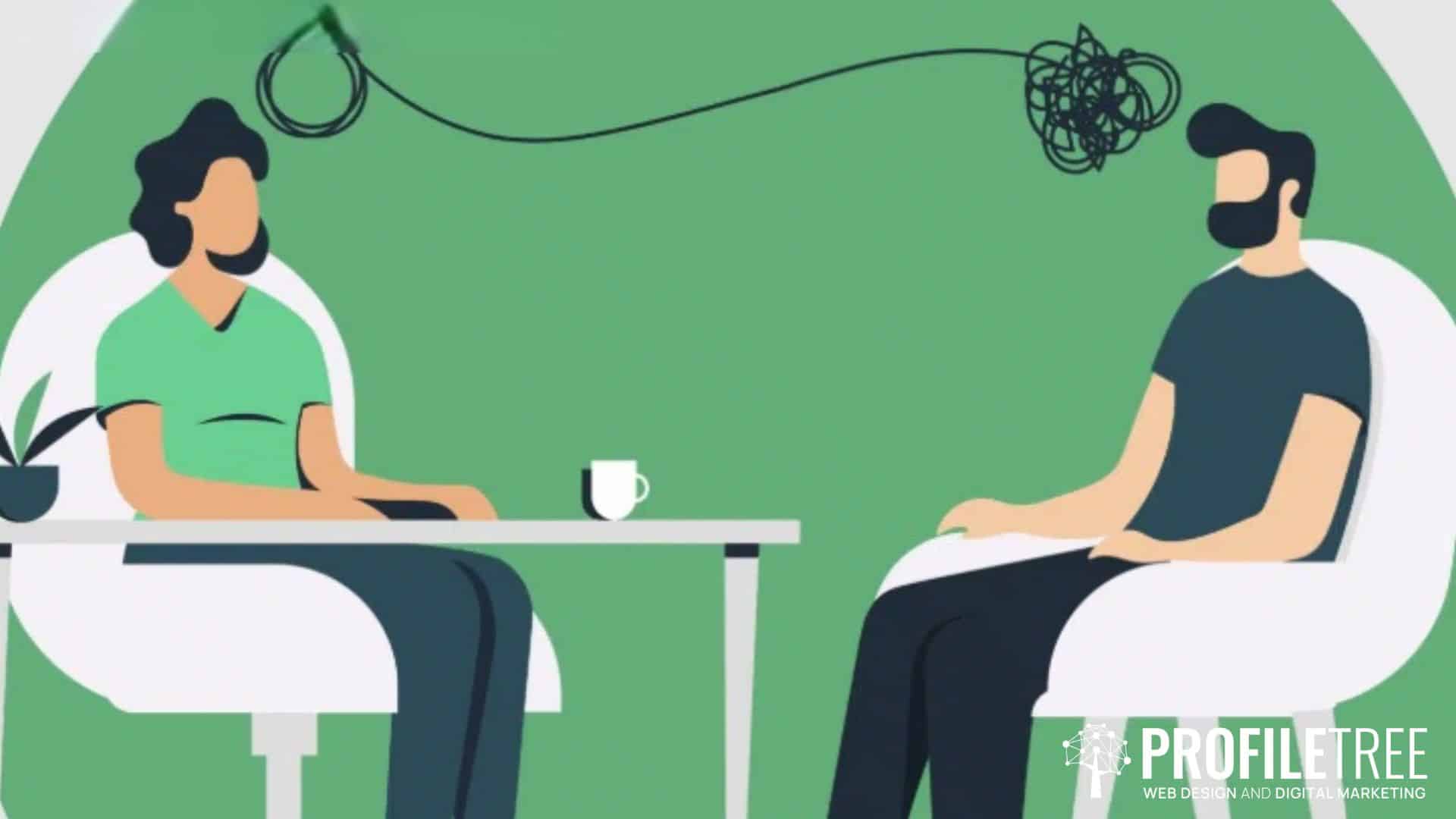 Illustration of two people sitting and talking in chairs, with one person’s tangled thought as a scribble above their head—symbolising the complexities of a psychological contract—connected by a line to the other. A coffee cup sits on a small table between them.