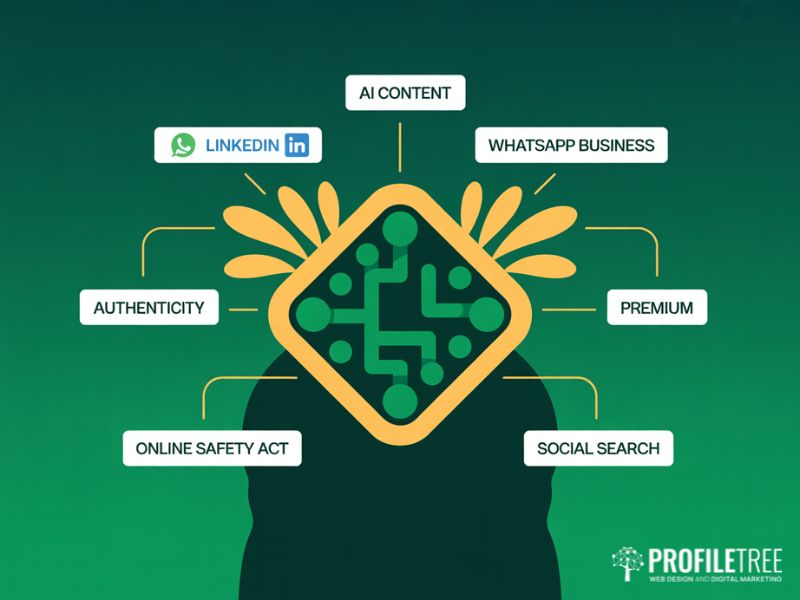 Flat vector illustration representing future trends in social media popularity including AI content and UK regulatory changes