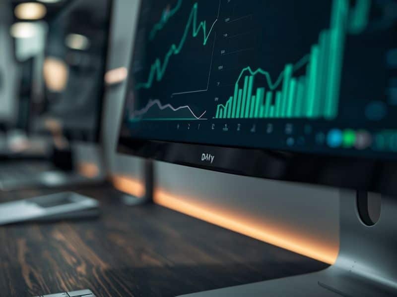A desktop monitor displaying a web analytics dashboard, representing the user behaviour signals monitored by the Google RankBrain Update including bounce rate and dwell time