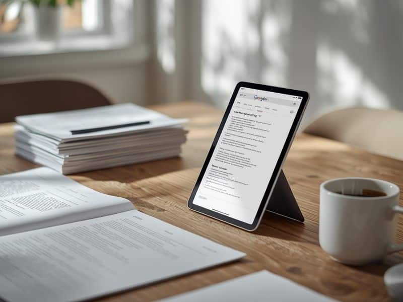 A tablet showing a search engine results page on a desk, representing how the Google RankBrain Update laid the groundwork for modern AI search features including AI Overviews